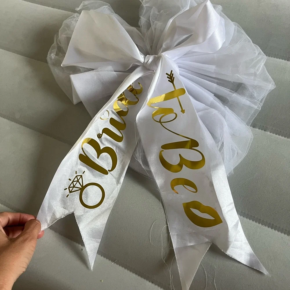 Bride White and Gold Satin Bow Sash